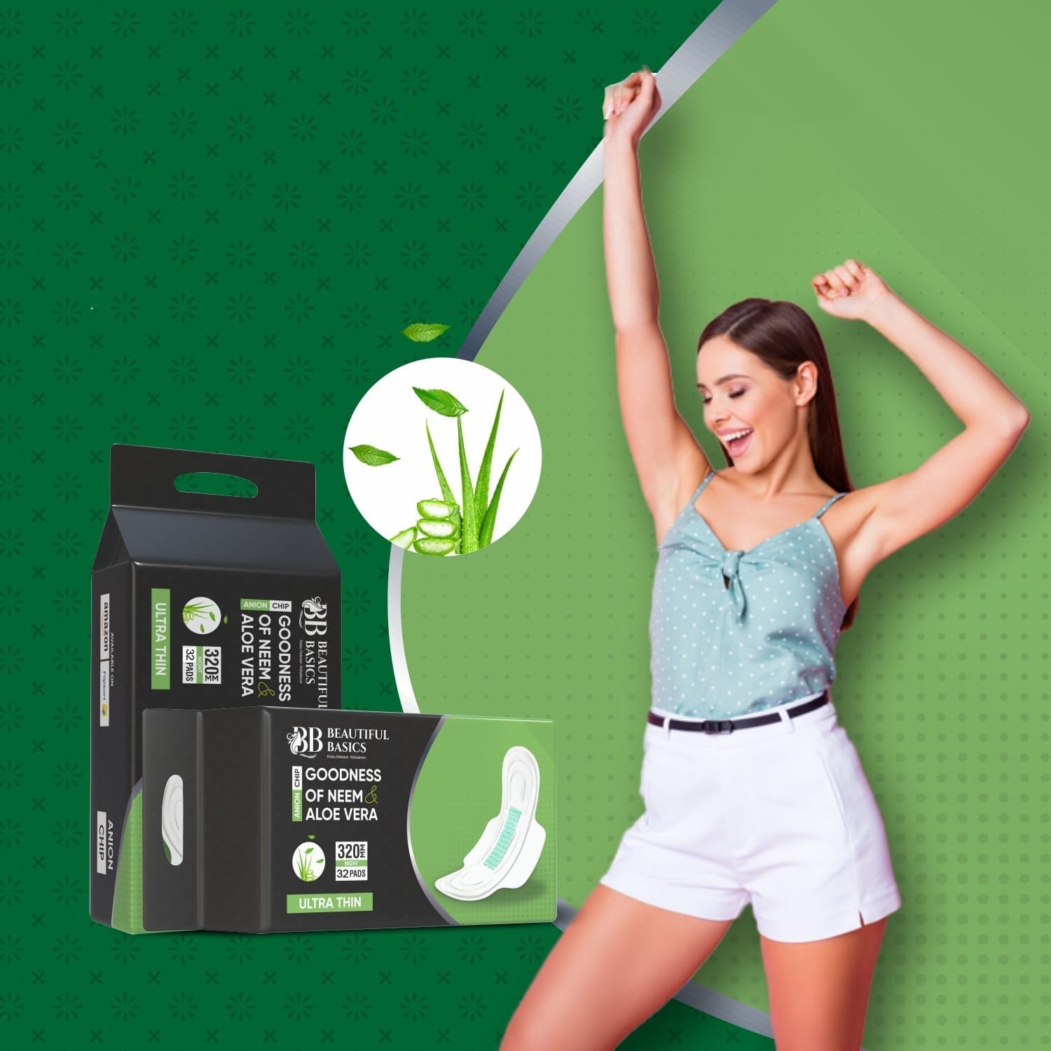 Sanitary Pads for Women With Goodness of Neem & Aloe Vera | Ultra Thin | Leakage Protection | PH Balance | With Antibacterial Anion Chip | 5X More Absorbance (320 mm / 32 Pads)